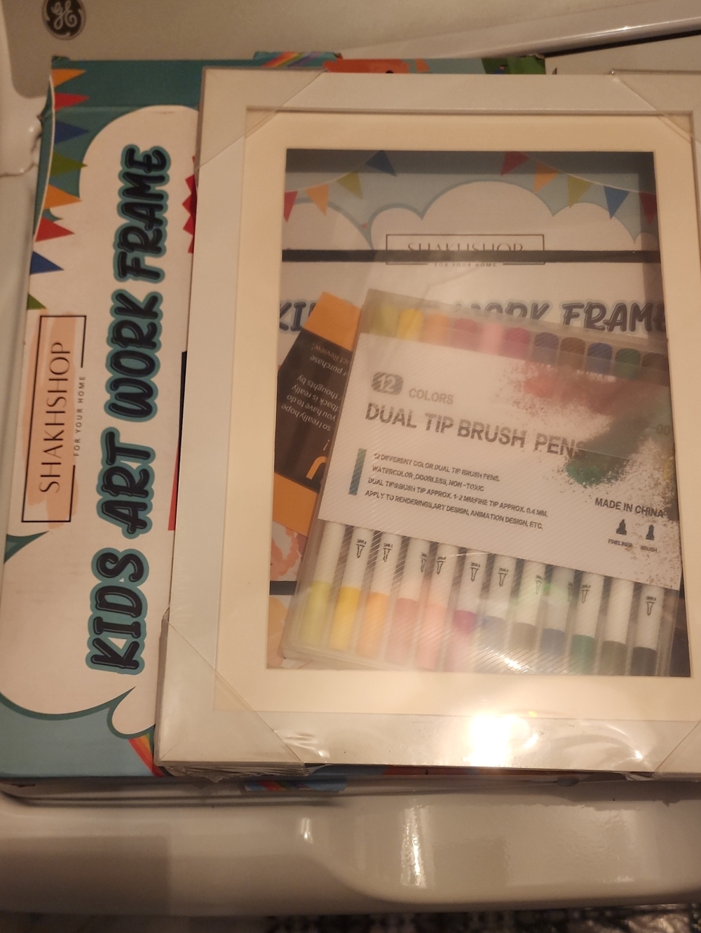 Kids Art Work Frame with Dual Tip Brush Pens - White Frame